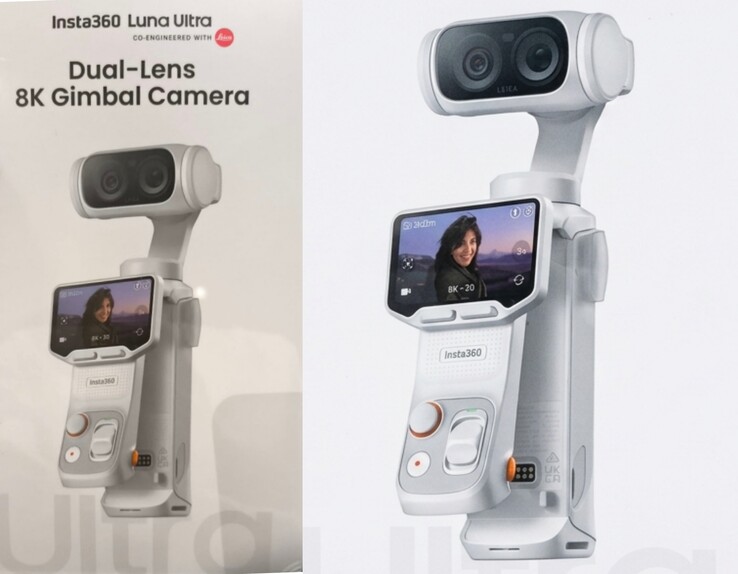 Originale Verkaufsverpackung der Insta360 Luna Ultra (links) und per KI-verbesserte Nahaufnahme (rechts)