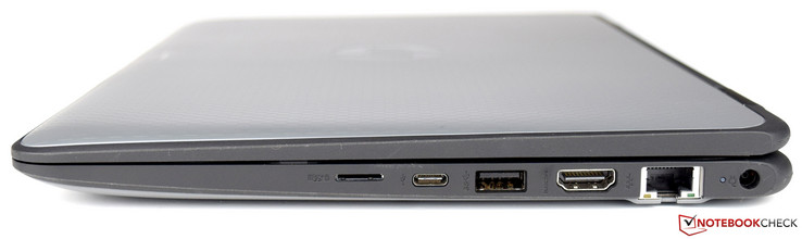 rechts: microSD-Kartenleser, USB 3.1 Typ C, USB 3.1 Gen 1, HDMI 1.4b, RJ45, Status-LED, Netzanschluss