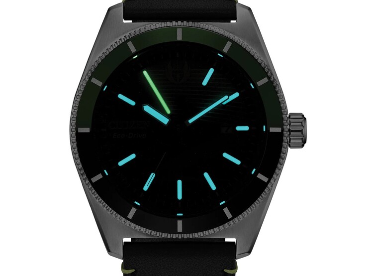 Citizen Luke Skywalker, Jedi Master AW1910-48W mit schwarz-grünem Zifferblatt, Luke-Skywalker-Silhouette und einem vom grünen Lichtschwert inspirierten Design.