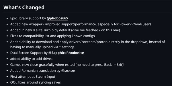 Ein Screenshot des Änderungsprotokolls von GameNative Version 0.7.1.