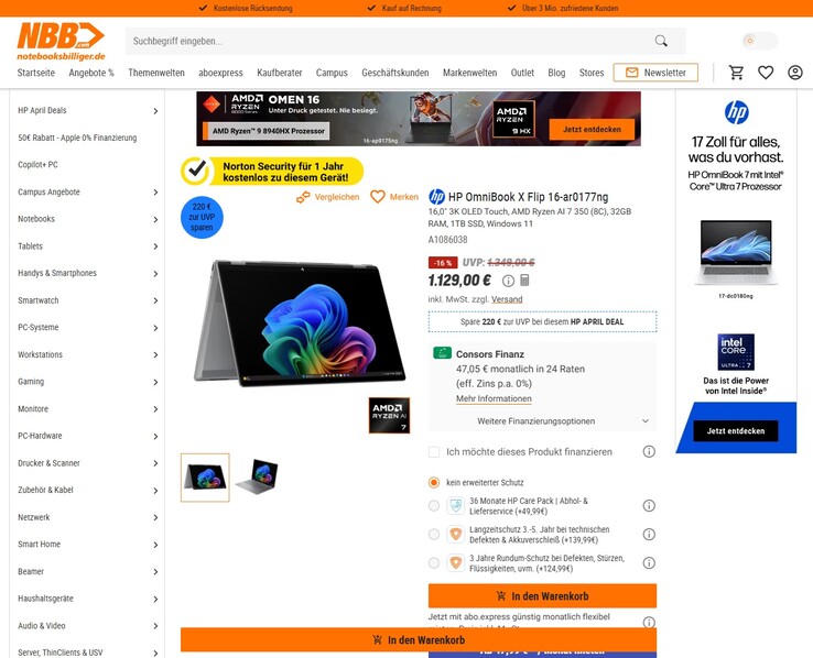 HP OmniBook X Flip 16-ar0177ng für 1.129 Euro.