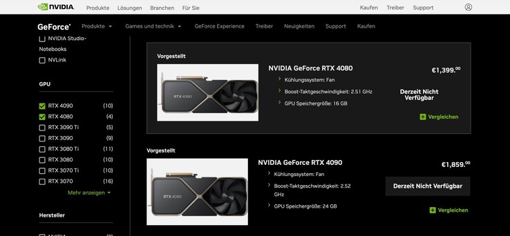 Nvidias Webseite listet die GeForce RTX 4080 Founders Edition neuerdings für nur 1.399 Euro.