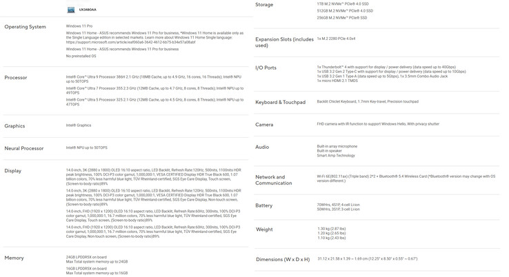 Spezifikationen des Asus ZenBook 14 UX3480AA