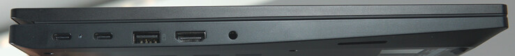 Anschlüsse links: USB-C (5 Gbit/s, PD, DP), USB-C (10 Gbit/s, PD, DP), USB-A (10 Gbit/s), HDMI, Headset