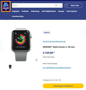 Aldi Süd Angebot für eine gebrauchte Apple Watch Series 3 mit 38 mm, ...