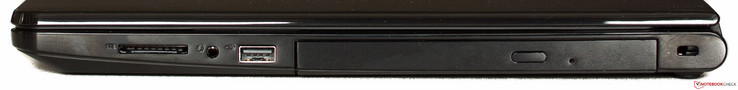 Rechte Seite: SD-Kartenleser, Audio in/out, USB 2.0, DVD, Kensington