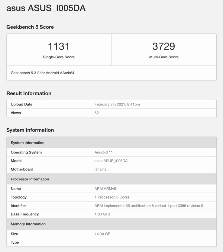 Das Asus ROG Phone 5 erzielt bei Geekbench in etwa das Ergebnis, das man vom Snapdragon 888 erwarten würde. (Bild: Geekbench)