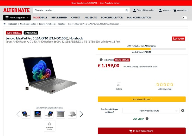 Lenovo IdeaPad Pro 5 16AKP10 (83JN0013GE) für 1.199 Euro.