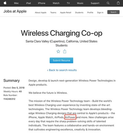 Zumindest in einer Jobanzeige tauchte die AirPower wieder auf (Quelle: Macrumors.com)