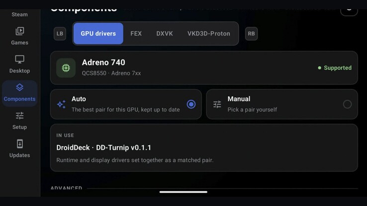 GPU-Treibereinstellungen von DroidDeck auf einem Gerät mit Adreno 740. Experimentelle Forks untersuchen zudem die Unterstützung von PowerVR- und Mali-GPUs