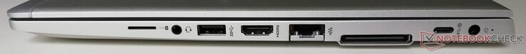 Rechte Seite: SIM-Kartenschacht, kombinierter Audioanschluss, 1x USB 3.1 Gen.1, HDMI, LAN, Docking-Anschluss, 1x USB 3.1 Typ-C, Netzanschluss