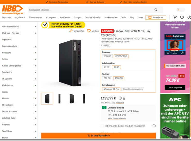 Lenovo ThinkCentre M75q Gen 5 Tiny 12RQ003FGE für 1.199,99 Euro