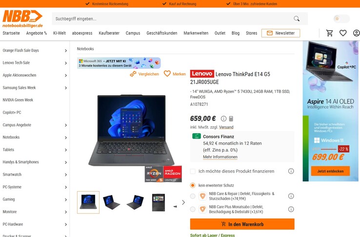 Lenovo ThinkPad E14 G5 21JR005UGE für 659 Euro.
