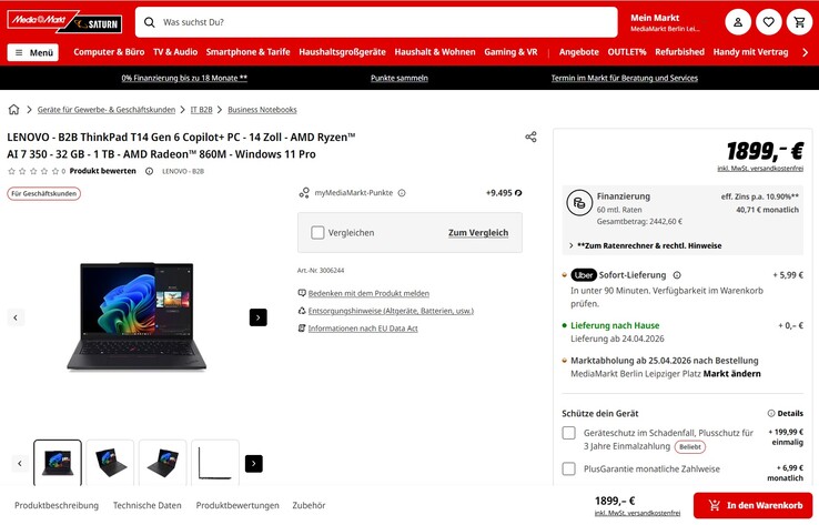 Lenovo ThinkPad T14 Gen 6 21QJ00DTGE für 1.899 Euro.