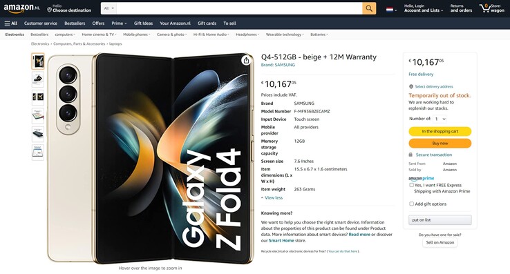 Das beige Samsung Galaxy Z Fold4 ist bereits bei Amazon entdeckt worden.