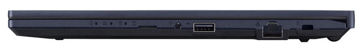 Rechte Seite: Speicherkartenleser (MicroSD, optional), Audiokombo, USB 2.0 (USB-A), Gigabit-Ethernet, Steckplatz für ein Kabelschloss