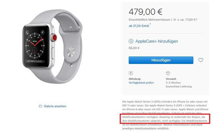 Apple bestätigt: Die Apple Watch Series 3 unterstützt kein Roaming.