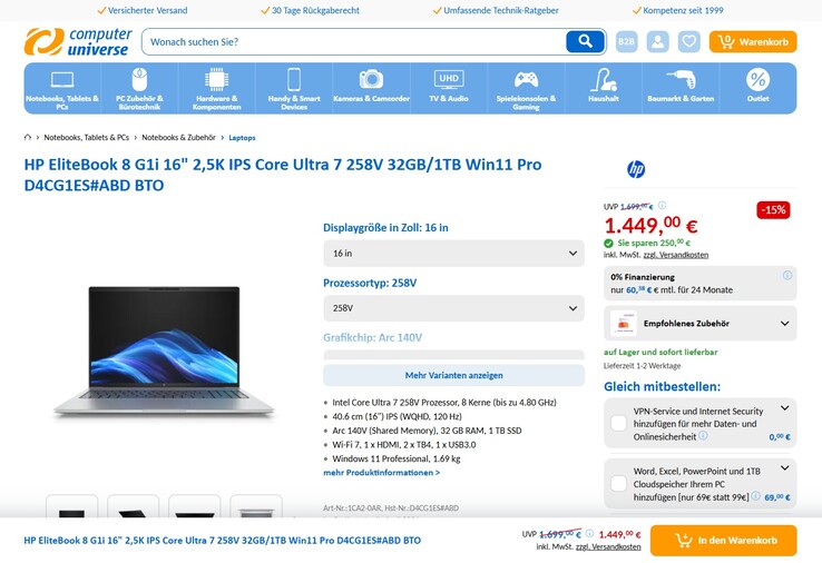 HP EliteBook 8 G1i 16 D4CG1ES für 1.449 Euro.