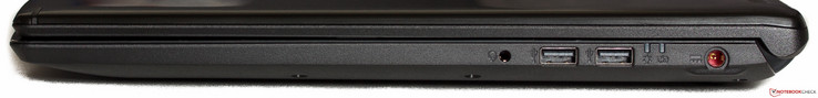 rechte Seite: Audio in/out (3,5-mm-Klinke), 2x USB 2.0, Betriebs-LEDs, Strom
