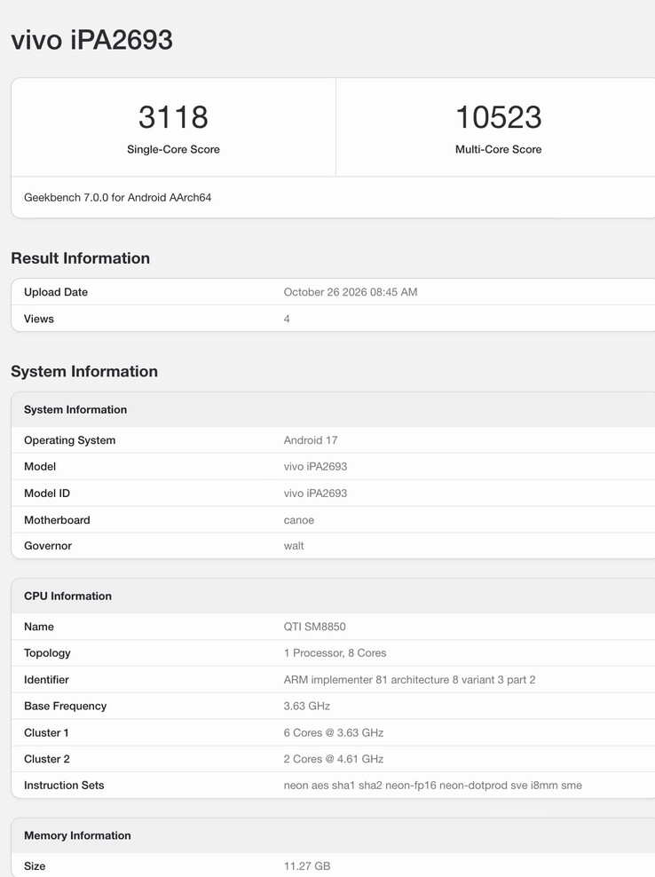 Geekbench-Eintrag des iQOO Pad Pro.