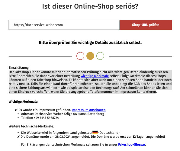 Der Fakeshop-Finder bemängelt, dass die Website noch neu ist (Bild: Verbraucherzentrale)