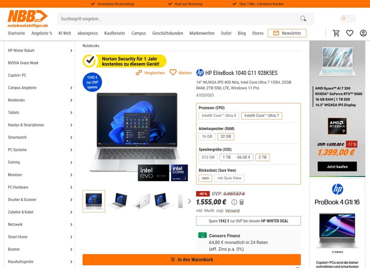 HP EliteBook 1040 G11 (928K5ES) im Angebot für 1.555 Euro.