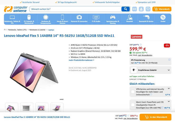 Lenovo IdeaPad Flex 5 14ABR8 82XX00JPGE für 599 Euro.