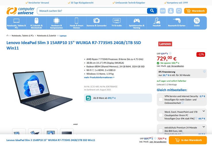 Lenovo IdeaPad Slim 3 15ARP10 83K7006HGE für 729 Euro.