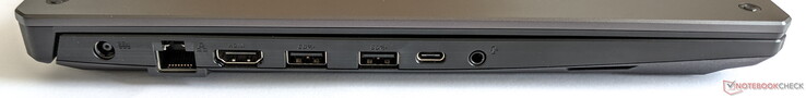 Linke Seite: Netzanschluss, GigabitLAN, HDMI 2.0b, 2x USB-A 3.2 Gen. 2, 1x USB-C 3.2 Gen. 2, kombinierter Audioanschluss