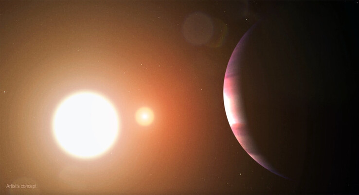 Eine künstlerische Illustration zeigt einen Exoplaneten, der zwei Sterne umkreist
