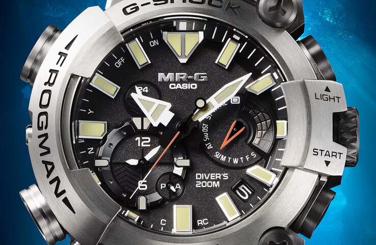 Unter entspiegeltem Saphirglas informiert die MRG-BF1000RG über Tauchdauer und Erholungszeit an der Oberfläche. (Bildquelle: Casio)