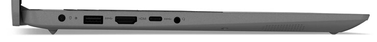 Linke Seite: Netzanschluss, USB 3.2 Gen 1 (USB-A), HDMI, USB 3.2 Gen 1 (USB-C; Power Delivery, Displayport), Audiokombo