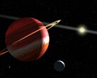 Eine Illustration zeigt einen Planeten, einen Mond und einen Stern