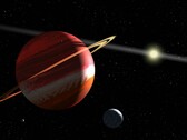 Eine Illustration zeigt einen Planeten, einen Mond und einen Stern