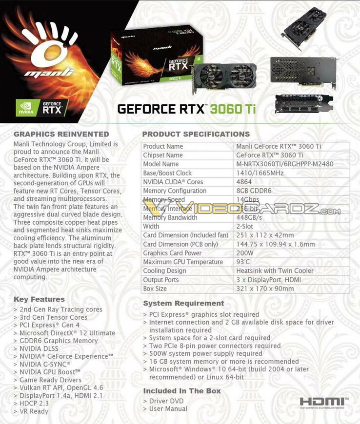 Der Board-Partner Manli bestätigt die Spezifikationen der GeForce RTX 3060 Ti. (Bild: Manli, via VideoCardz)
