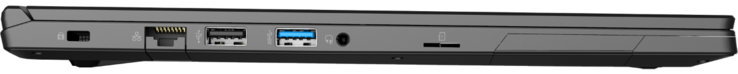Linke Seite: Noble-Lock, GigabitLAN, 1x USB 2.0, 1x USB 3.2 Gen1, 3,5-mm-Klinkenanschluss, microSD-Kartenleser