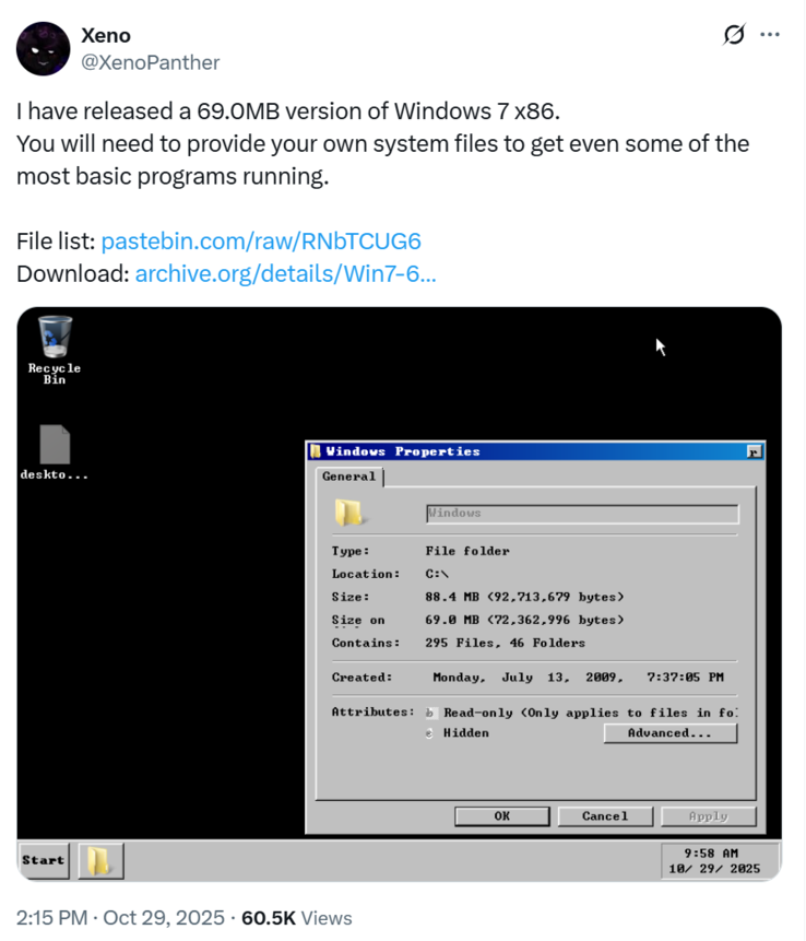Die nahezu winzige Ausführung von Windows 7 wurde erfolgreich gebootet (Bildquelle: @XenoPanther)