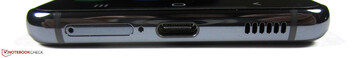 Fußseite: Dual-SIM-Slot, Mikrofon, USB-C, Lautsprecher