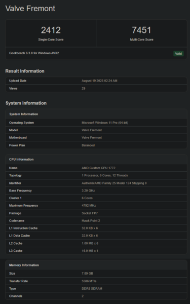 Valve Fremont Geekbench-Auflistung (Bildquelle: Geekbench)