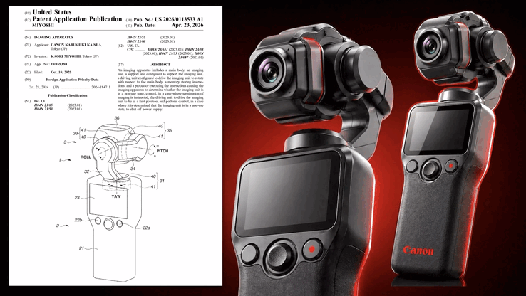 Canons Patent vom April 2026 links und Renderbilder des 3-Achsen-Gimbals rechts. Die neuen Entwürfe priorisieren Portabilität mit festem Objektiv und intelligentes Energiemanagement.