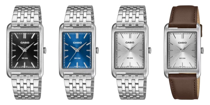 Von links nach rechts: Casio MTP-B215D-1AV, MTP-B215D-2AV, MTP-B215D-7AV und MTP-B215L-7AV Uhren