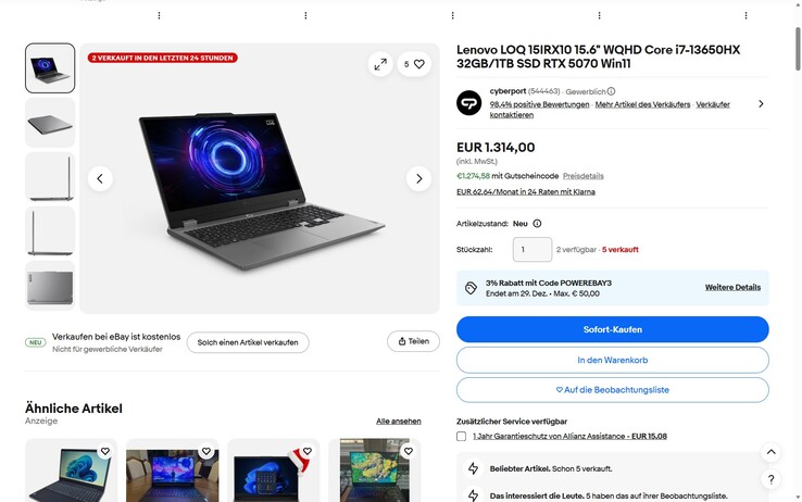 Lenovo LOQ 15IRX10 (83JE00M5GE) ab einem Preis von 1.274,58 Euro zu haben.