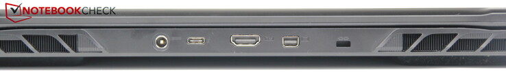 Hinten: Strom, Thunderbolt 4/USB-C 3.2 Gen2 (DisplayPort 1.4, Power Delivery: nein), HDMI, MiniDP, Kensington