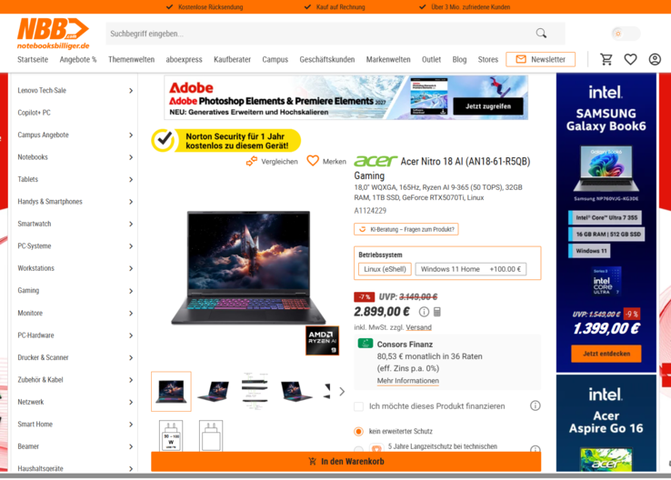 Acer Nitro 18 AI AN18-61-R5QB für 2.899 Euro.