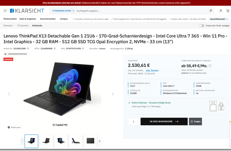 Lenovo ThinkPad X13 Detachable G1 21U6000NGE für 2.530,61 Euro.
