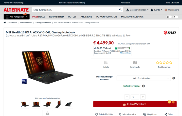 MSI Stealth 18 HX AI A2XWIG-042 für 4.499 Euro.