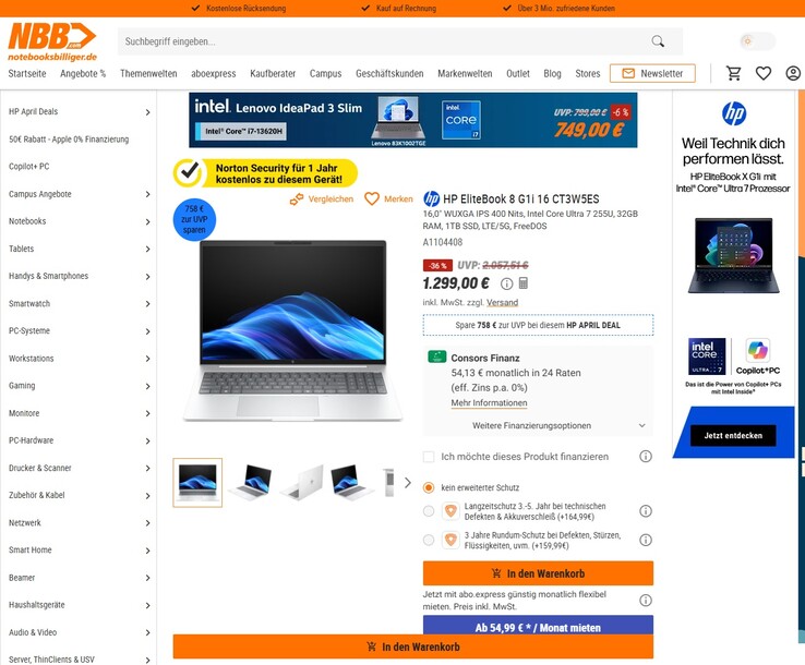 HP EliteBook 8 G1i 16 (CT3W5ES) ohne Windows-Betriebssystem für 1.299 Euro.