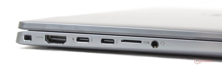 Links: Kabelschloss-Vorrichtung, HDMI 2.0, 2x USB-C mit Thunderbolt 4 + DisplayPort + Power Delivery, microSD-Kartenleser, kombinierter 3,5-mm-Audioanschluss
