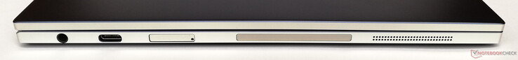 Linke Seite: 3,5-mm-Headsetanschluss, 1x USB-Typ-C 3.0 (gleichzeitig Netzanschluss), Schacht für microSD-Karte