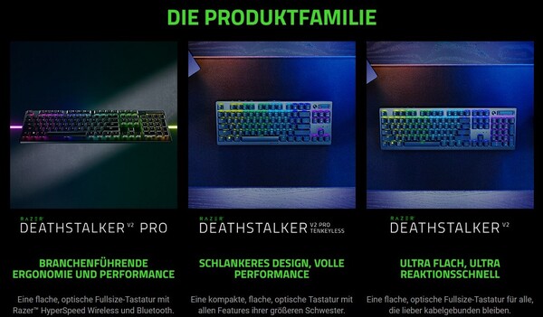 Razer Deathstalker V2, V2 Pro und V2 Pro TKL: Teuere Low-Profile Gaming-Tastaturen mit opto-mechanischen Schaltern.